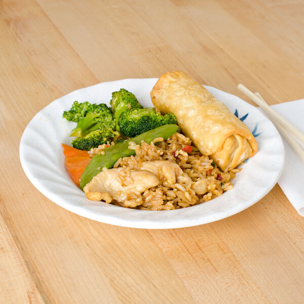 A Blue Bamboo melamine plate with rice and vegetables on it, with chopsticks.