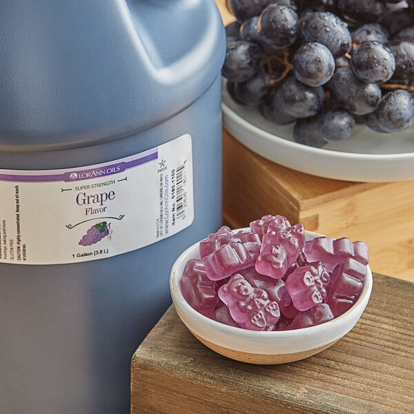 A label on a gallon container of LorAnn Oils Grape Super Strength Flavor.