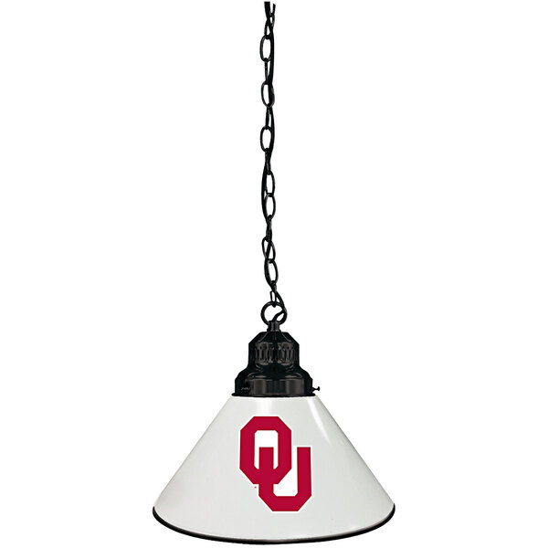 A white lampshade with the red Oklahoma University logo.