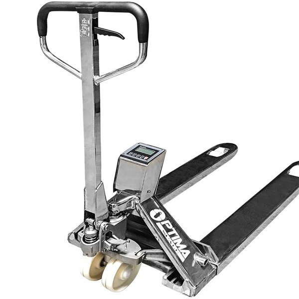 A stainless steel pallet jack with a digital scale display.