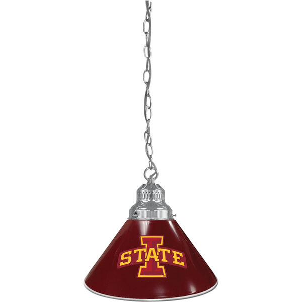 A chrome pendant light with Iowa State University logo. The lamp shade is red and gold.