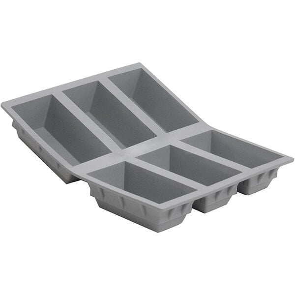 A grey silicone baking mold with six mini loaf compartments.