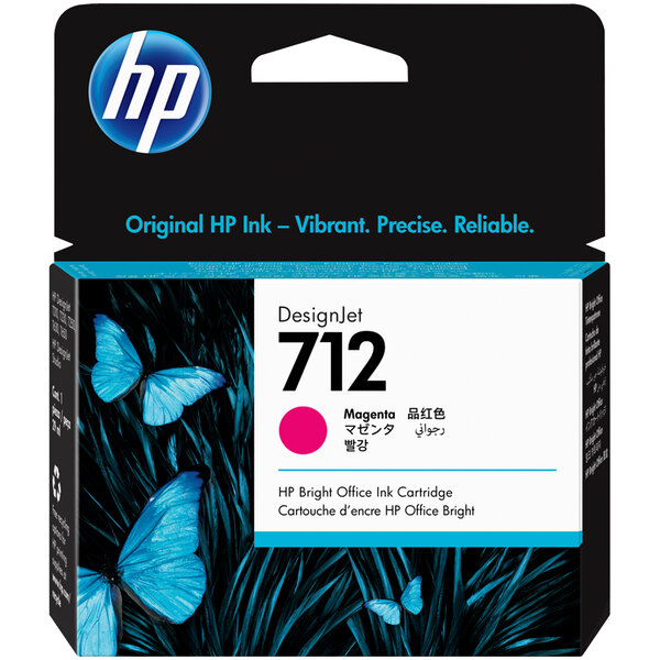 A box of HP Magenta DesignJet printer ink cartridges with a label.