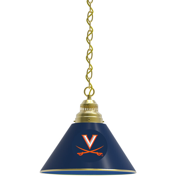 A close-up of a brass pendant light with a blue and orange University of Virginia logo shade.