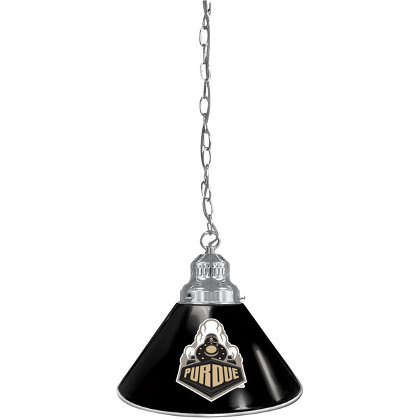 A black and silver pendant light with the Purdue University logo.