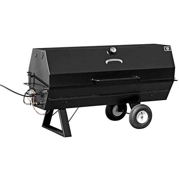 A black Meadow Creek gas pig roaster on wheels.