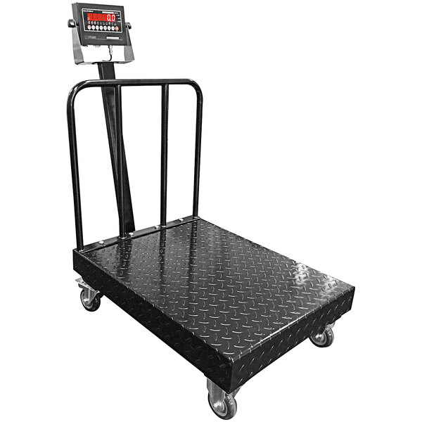 A black weighing scale with metal wheels.