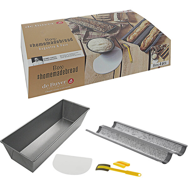 A de Buyer bread baking kit box with a loaf pan, knife, and spatula.