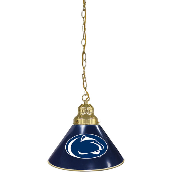 A blue lamp shade with a white Penn State logo on it.