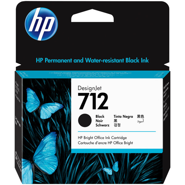 A black box for an HP 3ED71A black ink cartridge with blue butterflies and white text.