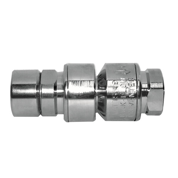 A close-up of a stainless steel Fisher backflow preventer threaded connector.