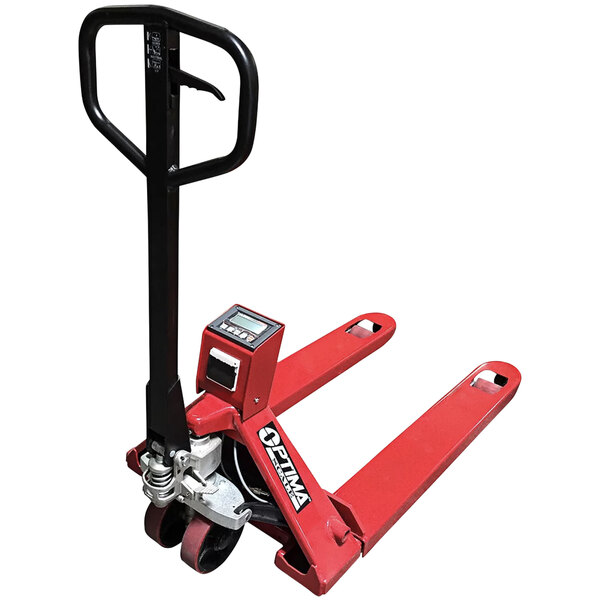 A red pallet jack with a black handle.