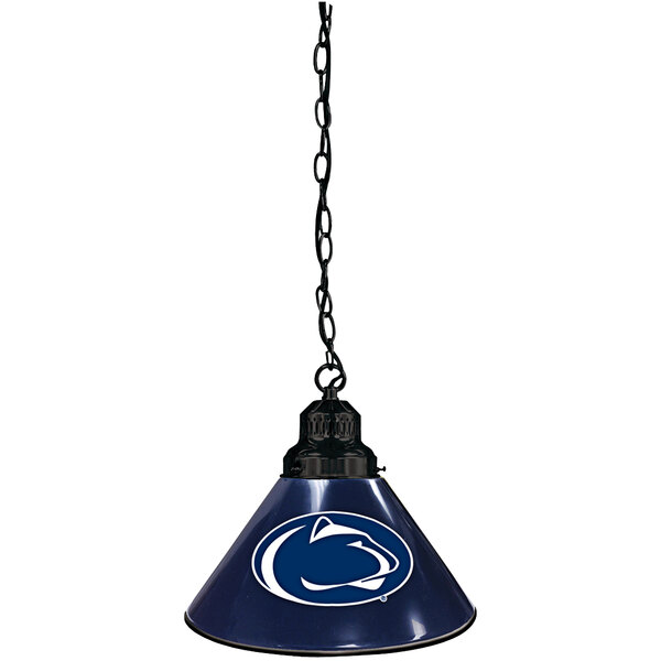 A blue pendant lamp with the Penn State University logo on it.