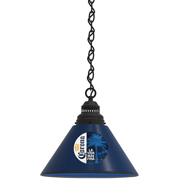 A blue cone-shaped light with a black palm tree design hanging from the ceiling.