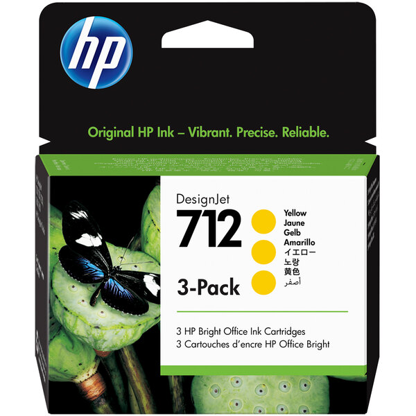 A package of three HP yellow ink cartridges.
