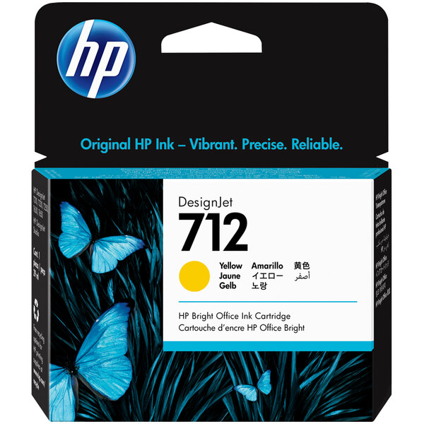A yellow HP DesignJet printer ink cartridge with blue and black text.