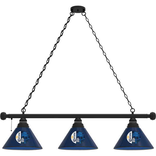 A black billiard light fixture with blue glass shades with white and navy palm tree logos on them.