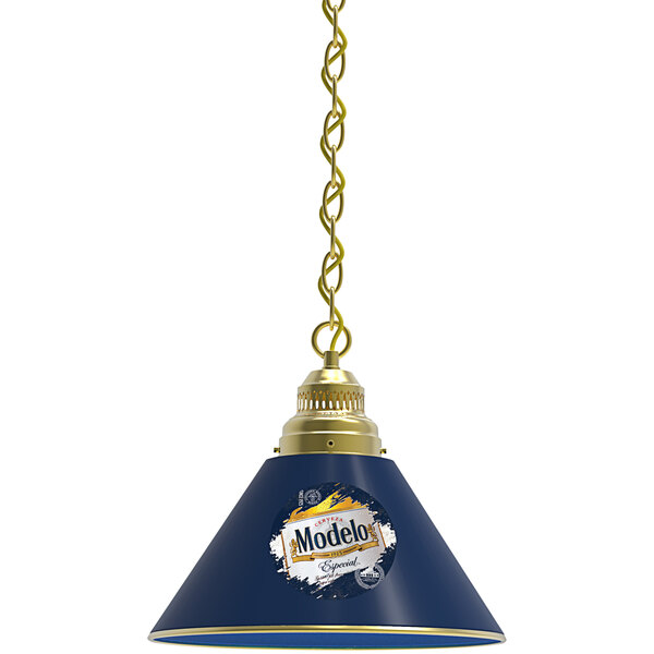 A white pendant light with blue and gold Modelo logo splash.
