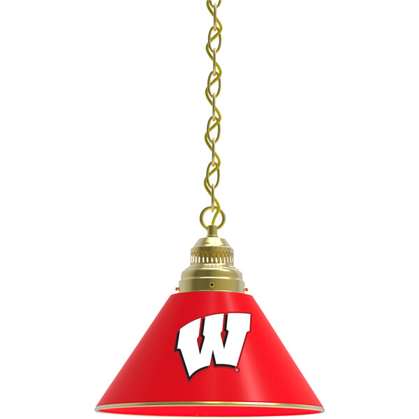 A red pendant light with a white "W" on it.