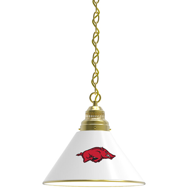 A Holland Bar Stool University of Arkansas logo pendant light with a brass finish featuring a red hog.