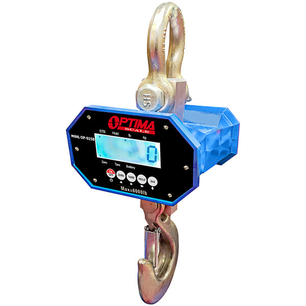 An Optima Weighing Systems heavy-duty crane scale with a blue and silver LCD display.