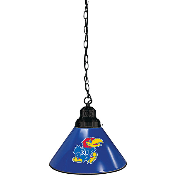 A black pendant light with a University of Kansas Jayhawks logo on it.