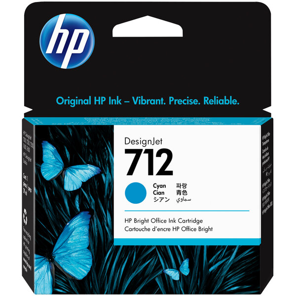 A blue and black box of HP 3ED67A Cyan Original DesignJet Printer Ink Cartridges with white text and blue butterflies.