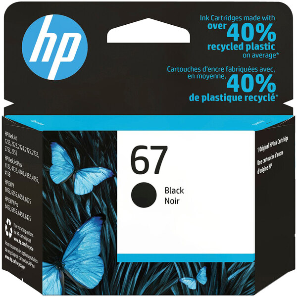A black box with white text and blue accents that reads "HP 67 Black" with a black HP ink cartridge inside.