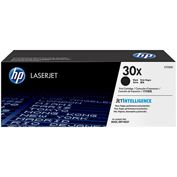 A black and white box with blue and white text for an HP CF230X Black LaserJet toner cartridge.