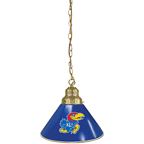 A blue and gold Holland Bar Stool University of Kansas pendant light with a Jayhawk logo on it.