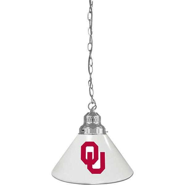 A white pendant light with the Oklahoma University logo in red.