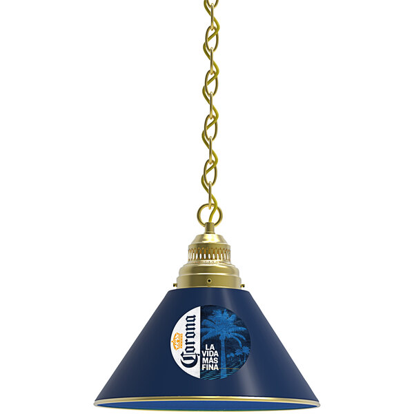 A white pendant light with a blue and gold palm tree logo and chain.