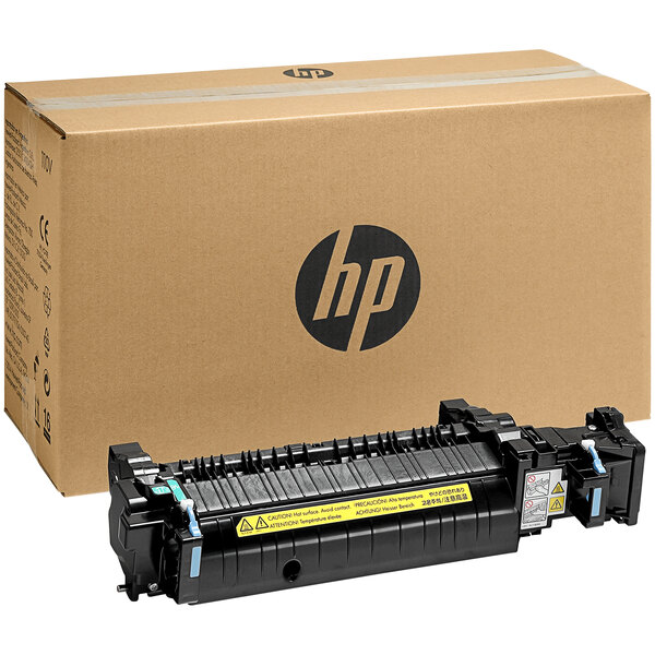 A brown box with a yellow label for an HP fuser kit.