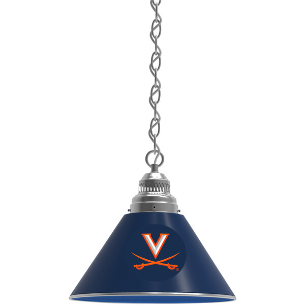A blue and silver Holland Bar Stool University of Virginia logo pendant light.