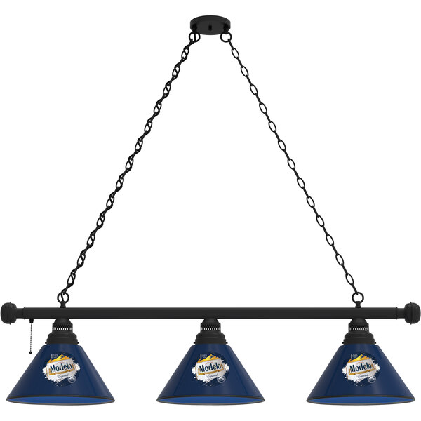 A black billiard light fixture with three white shades with a white splash logo on each shade.