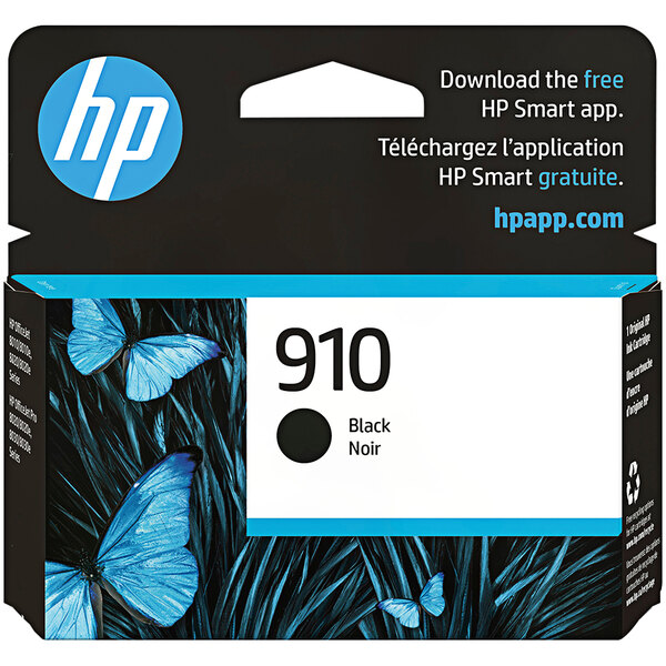 A black and blue HP printer ink package with a blue butterfly.