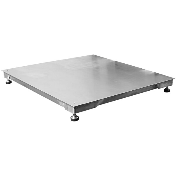 A stainless steel Optima Weighing Systems floor scale with wheels.