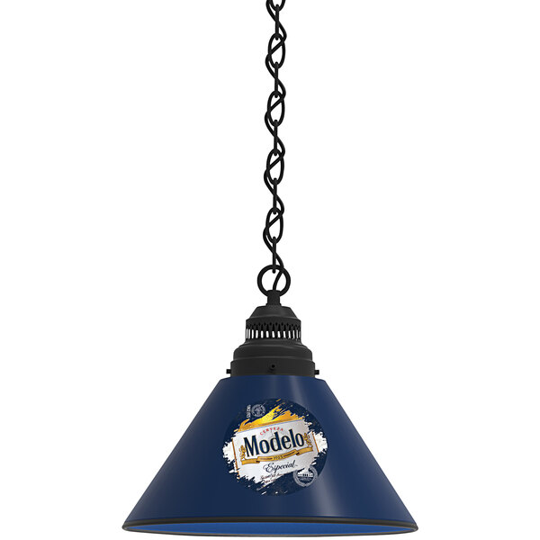 A black pendant light with a white splash logo.