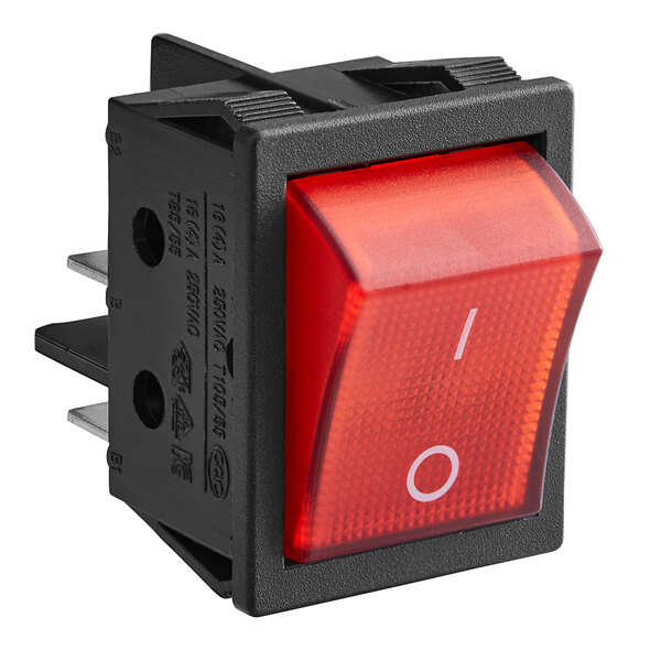 A red Noble Products power switch with a red light and white text.