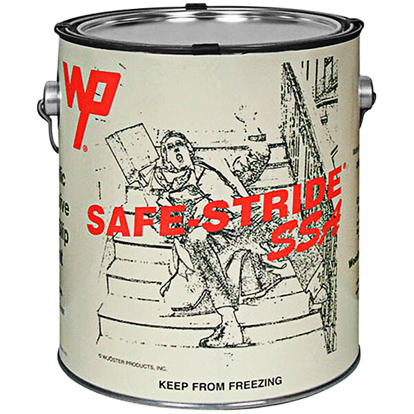 A white gallon can of Wooster Safe-Stride Anti-Slip Gray Acrylic Paint with red text and the words "Safe-Stride" and "Traction Grit" on it.