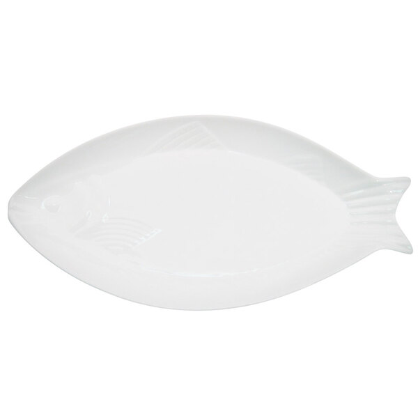 A bright white porcelain fish shaped platter.