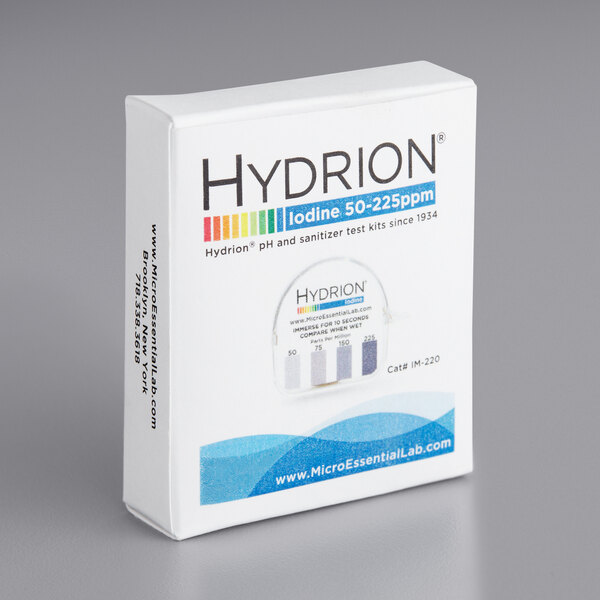 A white box of Hydrion Iodine Test Paper Rolls with blue and white text on the label.