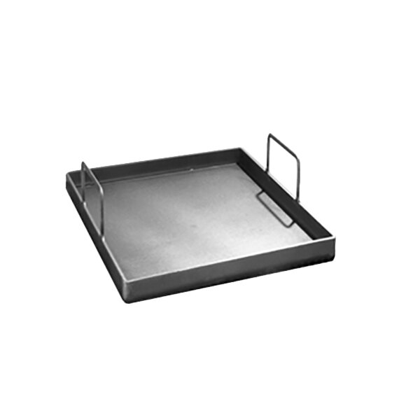 A square metal griddle plate with handles.