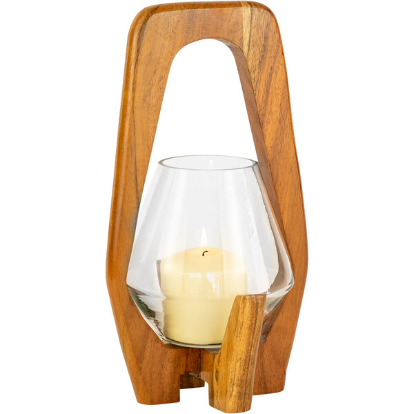 Kalalou 13" Wooden Oval Pillar Candle Holder with Glass Hurricane