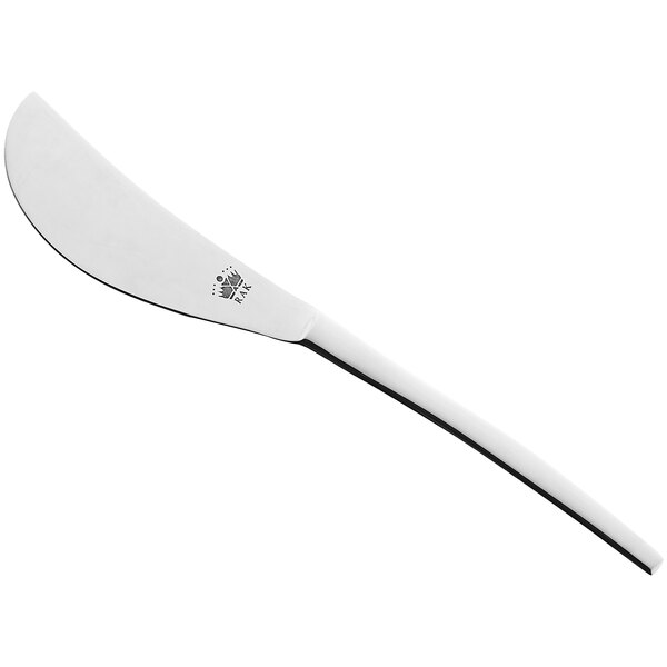 A white RAK Porcelain butter knife with a black handle.