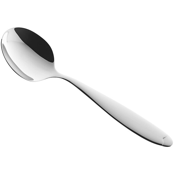 A RAK Porcelain Anna stainless steel bouillon spoon with a white handle.