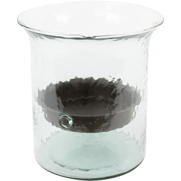 A Kalalou glass hurricane candle holder with a black metal insert.