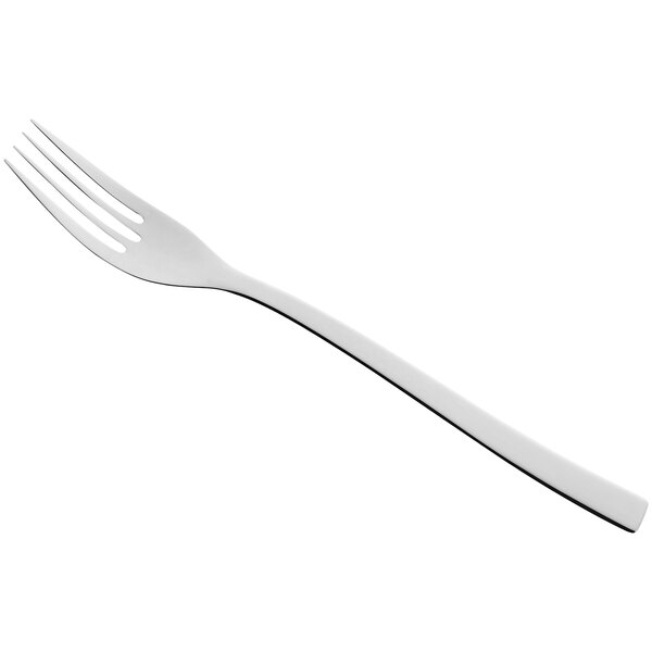 A RAK Porcelain dinner fork with a white handle and stainless steel tines on a white background.