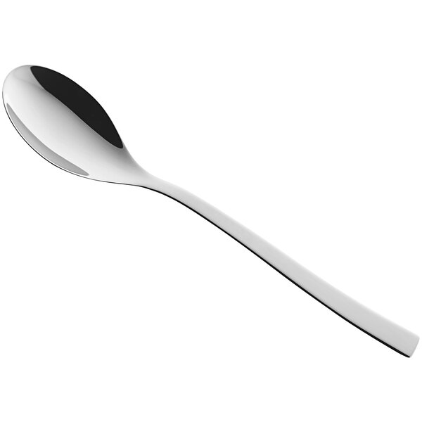 A RAK Porcelain stainless steel dessert spoon with a long handle and a silver finish on a white background.