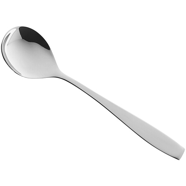 A RAK Porcelain stainless steel bouillon spoon with a long handle and a silver finish on a white background.